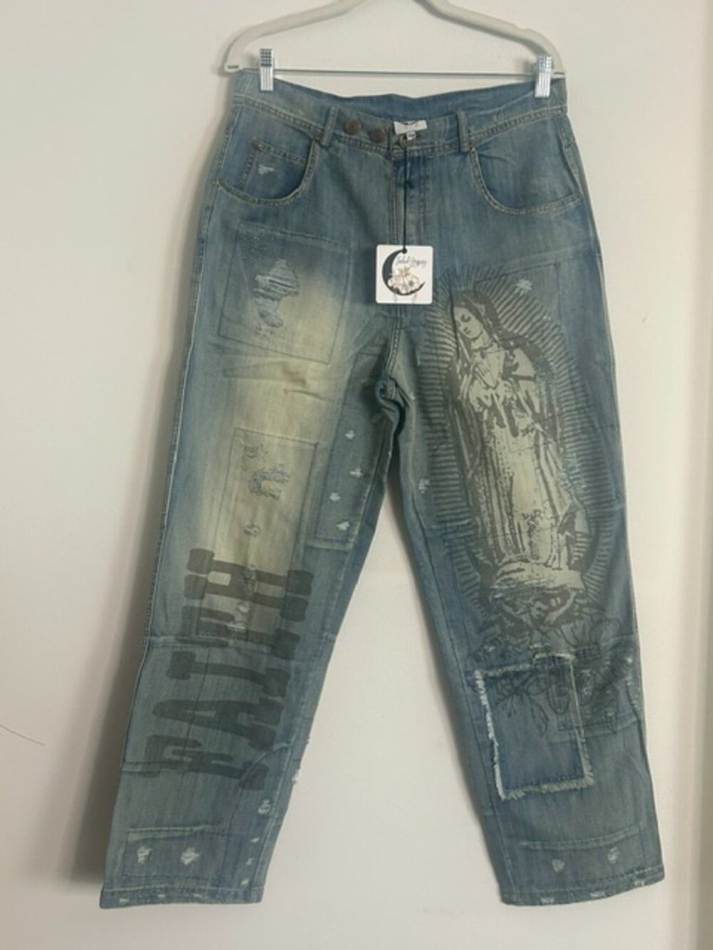 Jaded Gypsy Peace and Love Faith Denim Patchwork Distressed Fray Jeans NWT